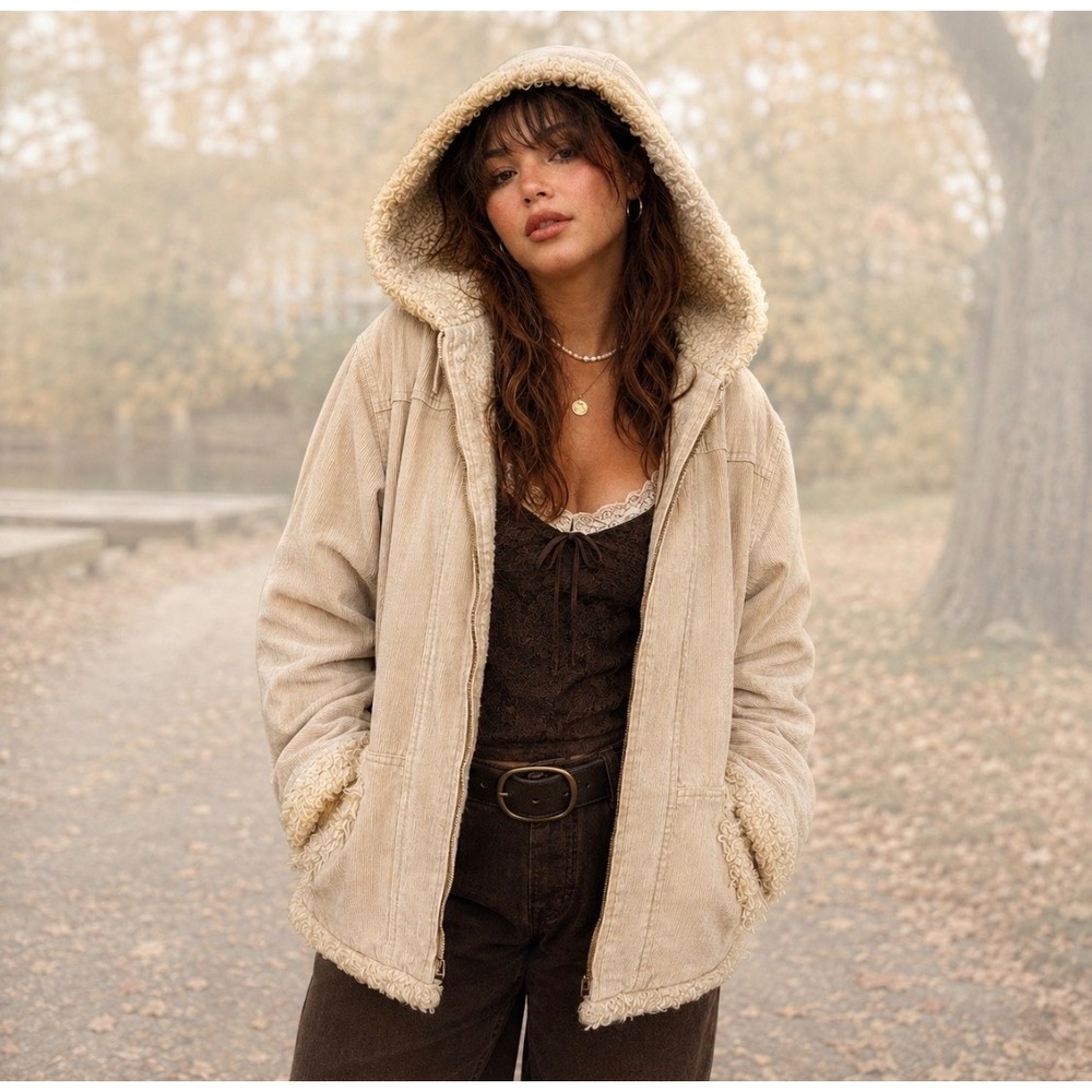77 Seventy Seven Womens Y2k Corduroy Sherpa Jacket Coat 2X Hooded Full Zip